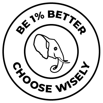 A round badge that reads 'Be 1% better, choose wisely' with an elephant head in the middle 